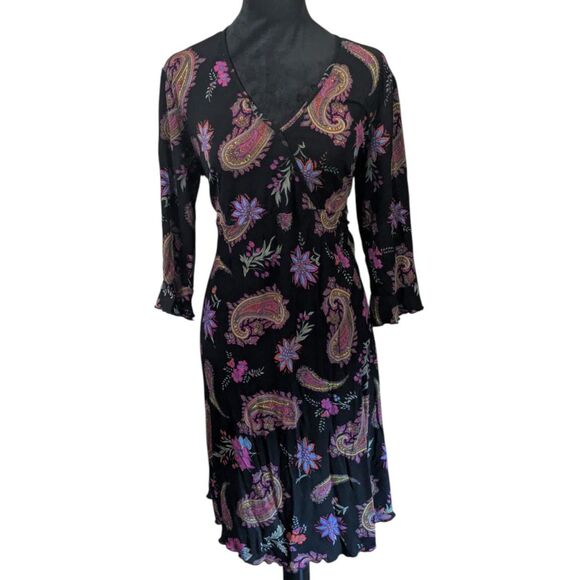 MIMI MATERNITY Paisley Wrap Dress L Black Bohemian Tie Back Long Sleeve - Picture 1 of 7